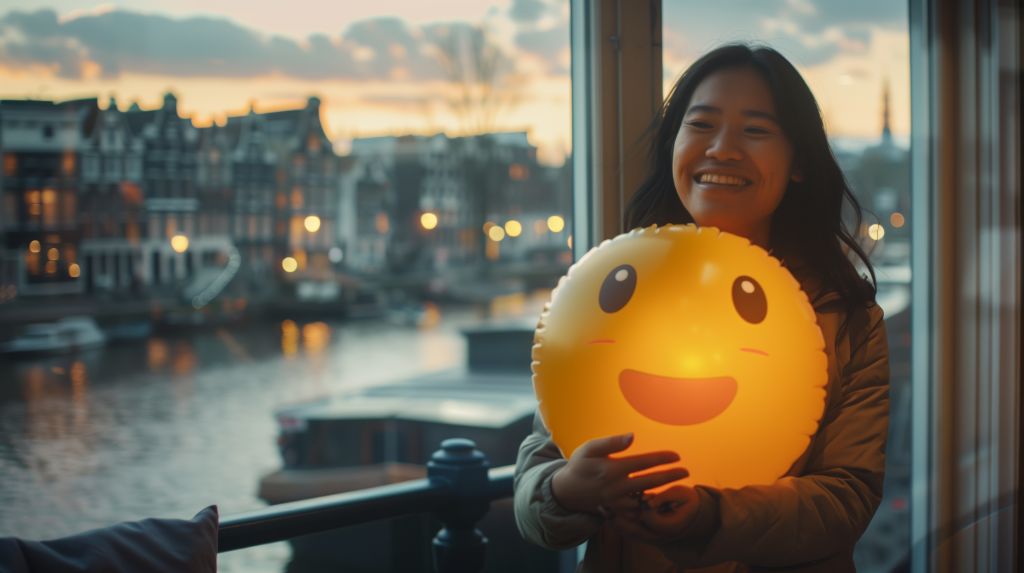 Woman smiling with a lit-up emoji balloon by a window at dusk