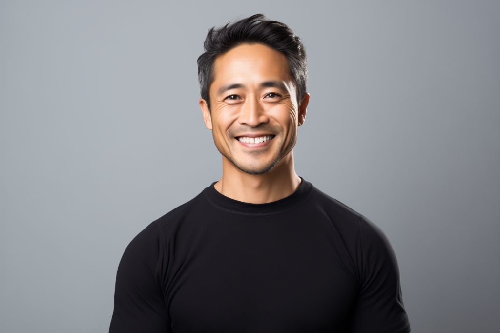 Studio shot of a smiling asian man in black top