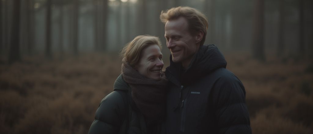 A couple embracing winter magic in forest: cinematic golden hour portrait