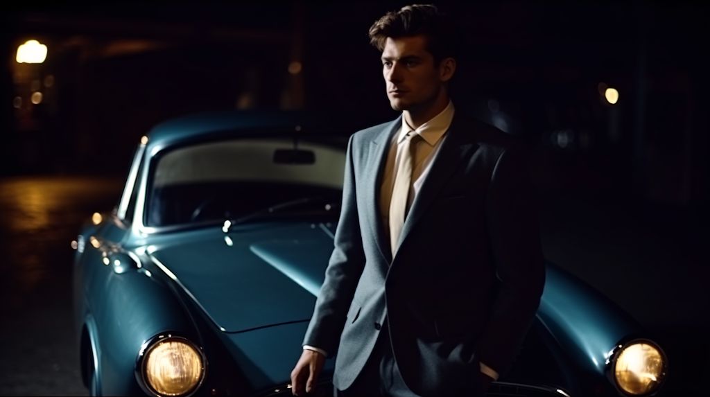 Man in 60s fashion suit standing in front of a vintage car
