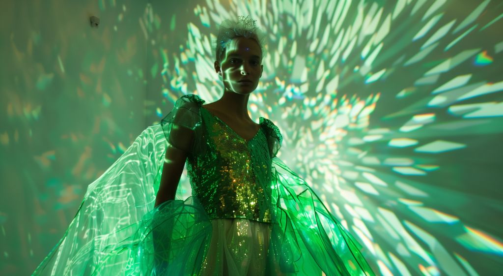 Young girl in a sparkling green dress with dynamic light patterns