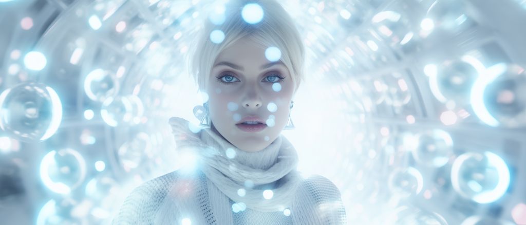 avant-garde winter fashion model illuminated in high-tech holographic ensemble.