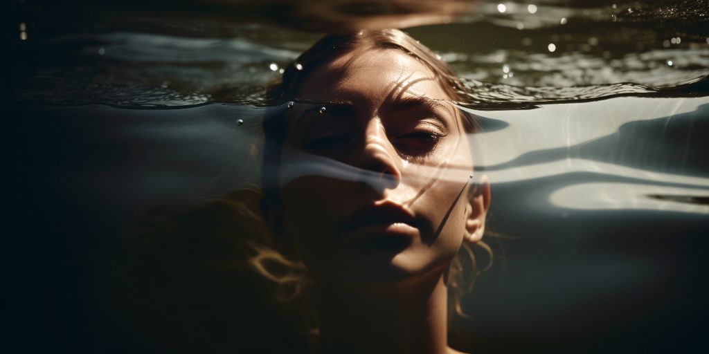 Woman swimming in lake. Underwater shot