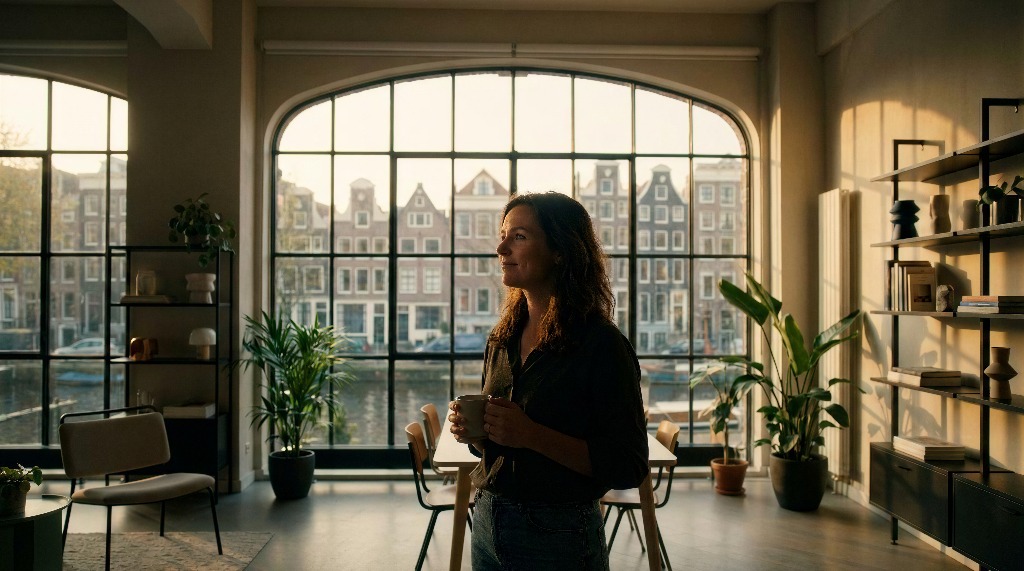 Woman holding a mug in a stylish room with large windows.