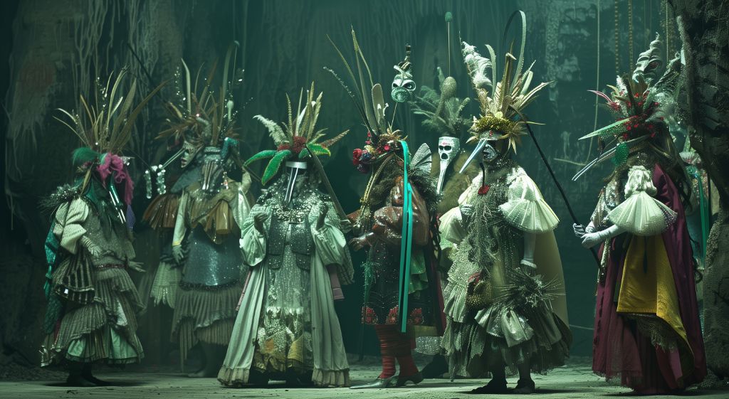 Performers in elaborate costumes on a dimly lit, mystical stage