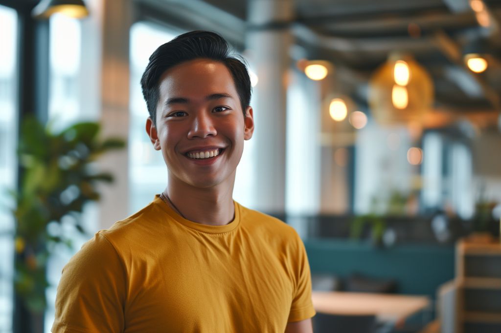 Smiling young man in yellow shirt at modern office space
