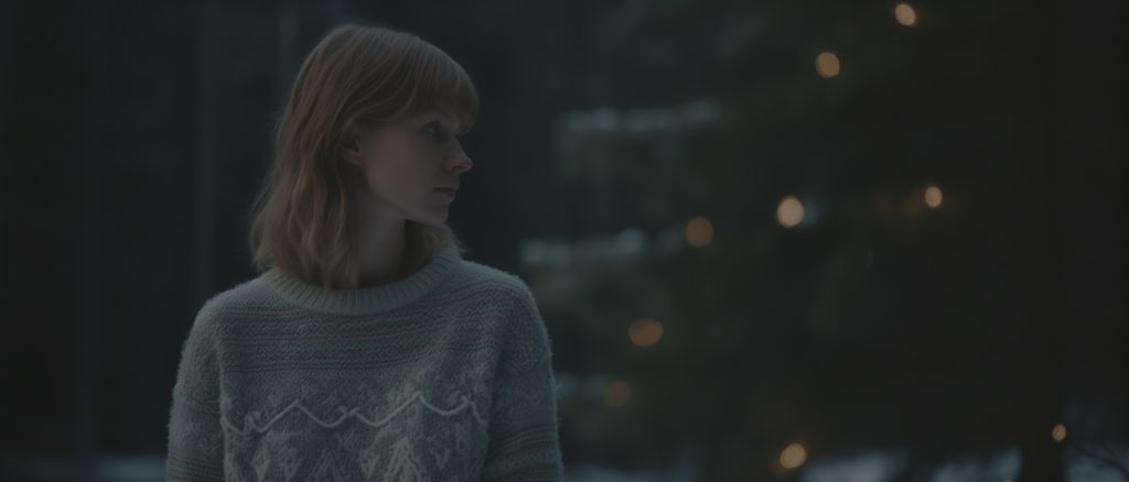 Woman in christmas sweater in swedish forest at golden hour.