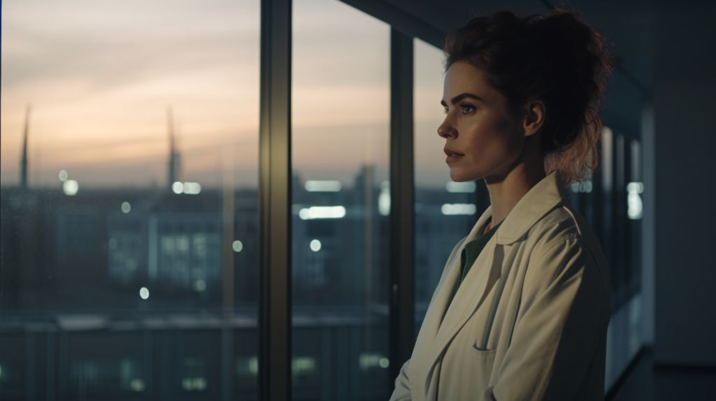 Female doctor at a modern office clinic in the evening looking out of the window
