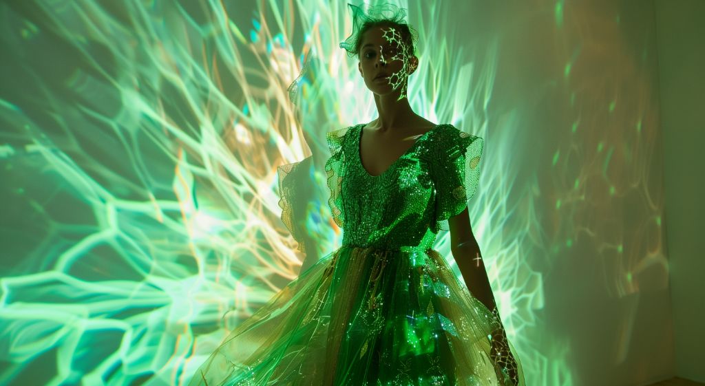 Woman in a sparkling green dress with dynamic light patterns