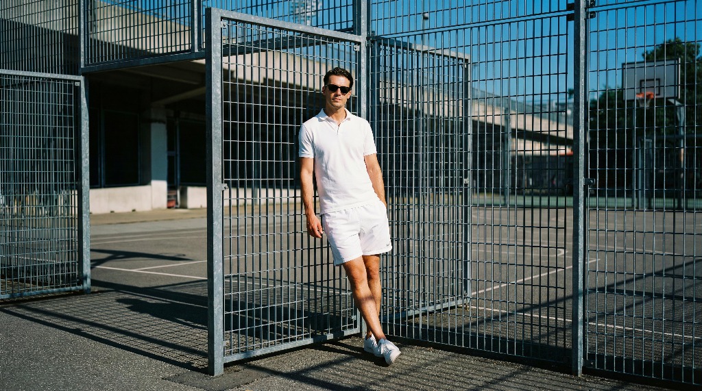 Man in white outfit leaning against a metal fence on a sunny day.