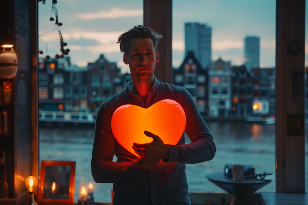 Man holding a glowing heart with cityscape in the background