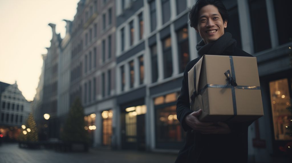 asian man with gift box on festive city street