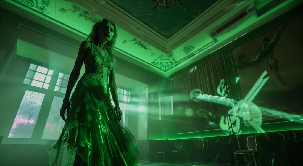 Woman in green dress with holographic projections in elegant room