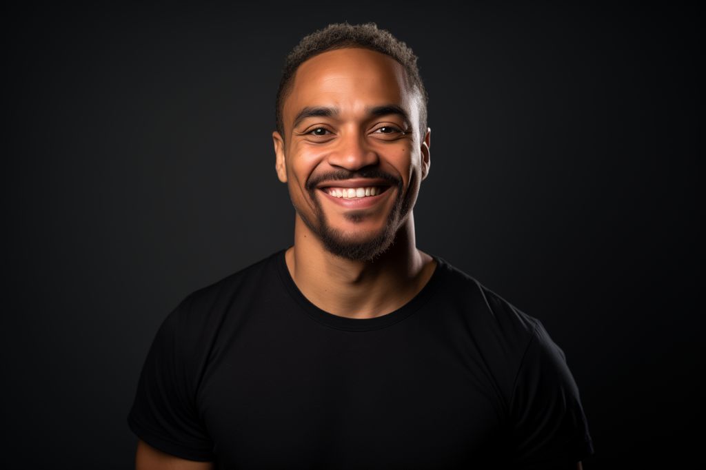 Studio portrait of a smiling african american man in black top in the st