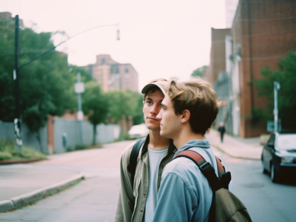 Gay couple exploring a new city medium shot