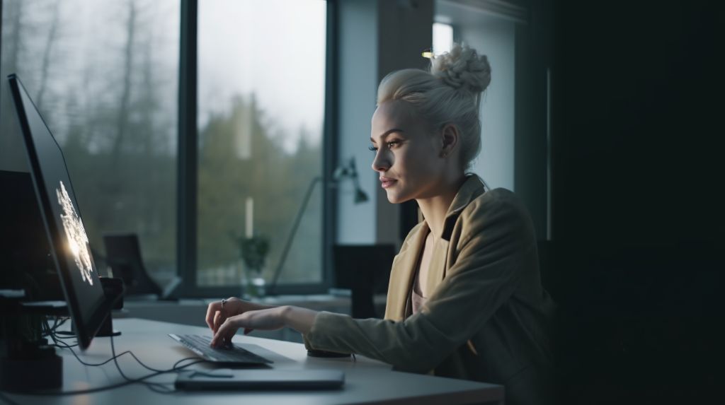 Evening office work: woman on desktop computer