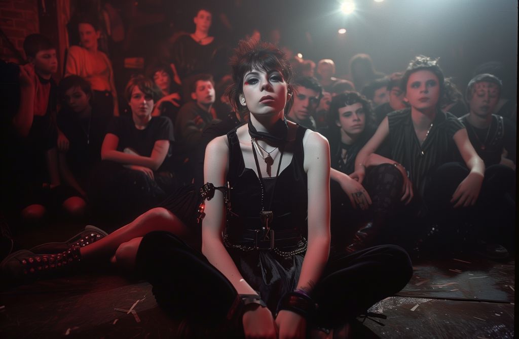Young person in punk attire sitting on stage with audience in background