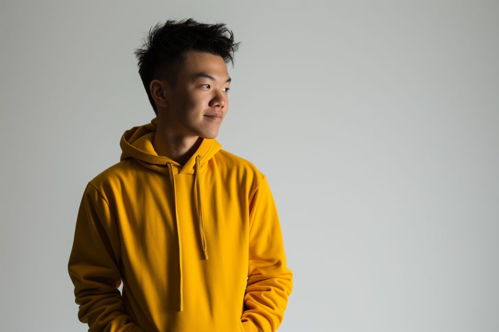 Young man in yellow hoodie looking to the side with a neutral expression