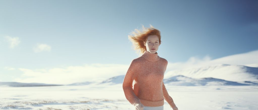woman in christmas sweater in snowy landscape