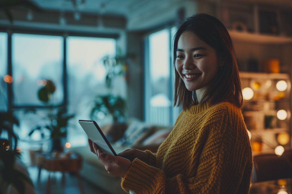Woman in yellow sweater using smartphone in cozy room