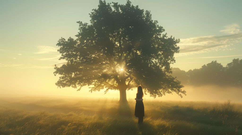 Silhouette of a person standing under a tree at sunrise in a misty field