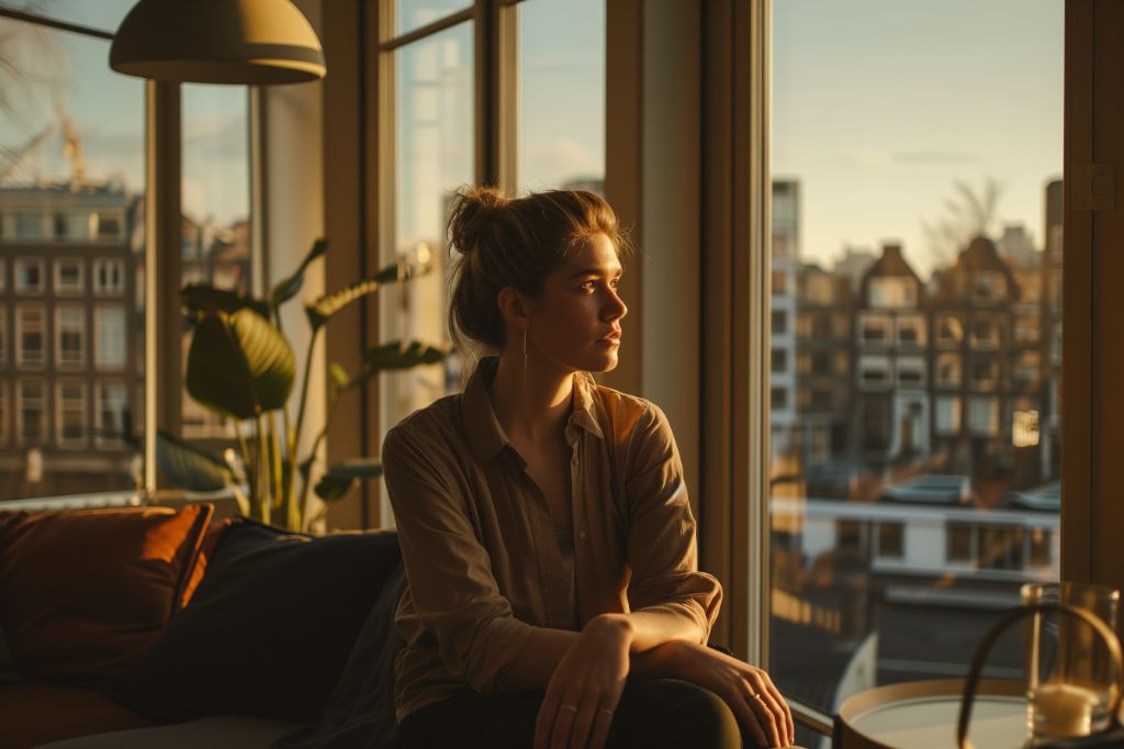 Woman gazing out a window during golden hour in a cozy room