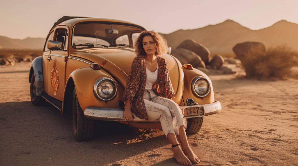 Woman with vintage vw beetle in desert landscape