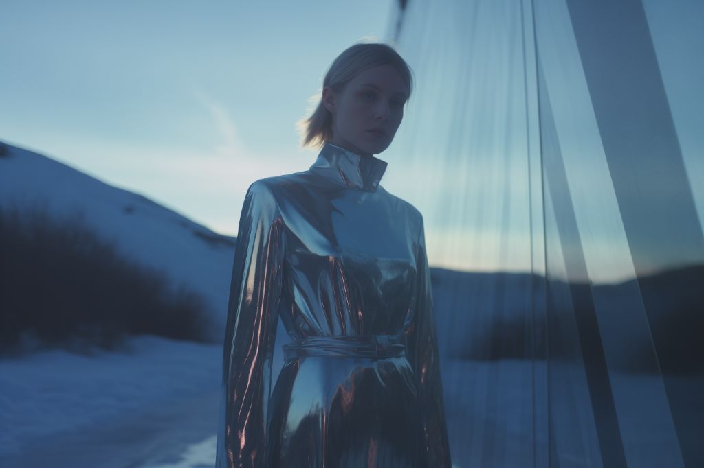 Model in smart-fabric outfit in reflective winter landscape.