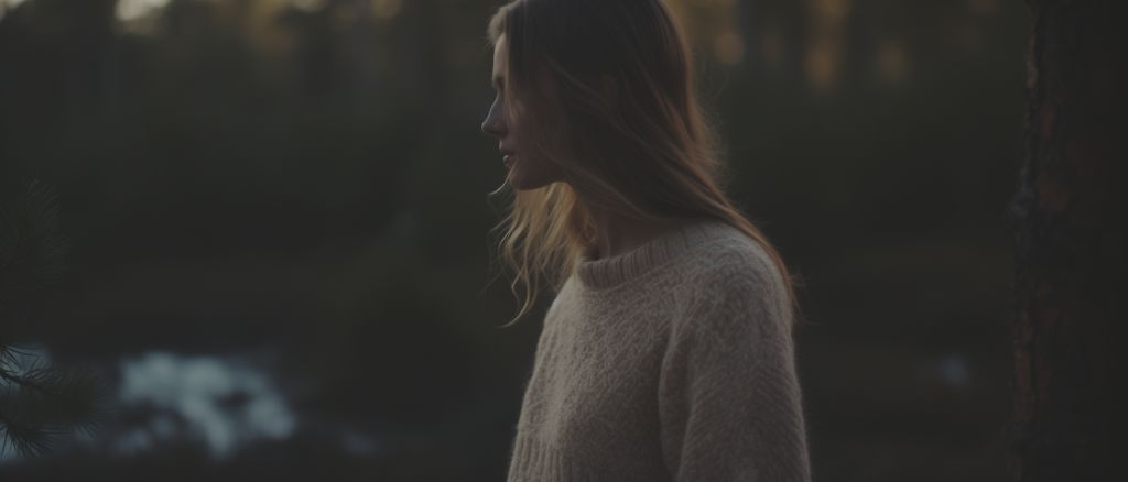 Woman wearing a sweater standing in a forest during sunset