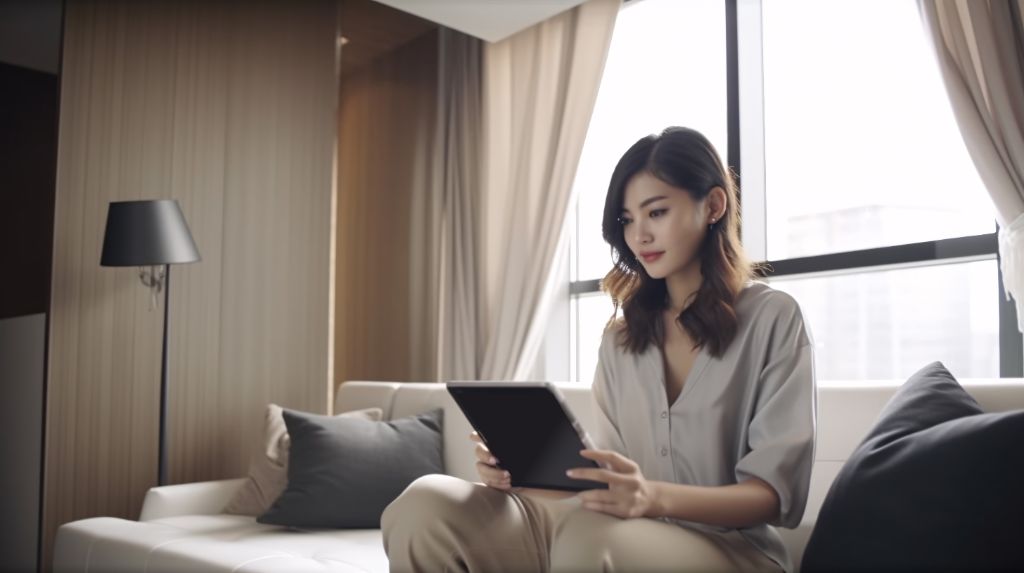 Asian woman holding a tablet at home
