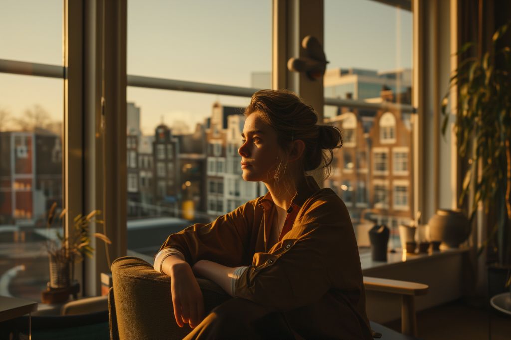 Woman in contemplation by a window during golden hour