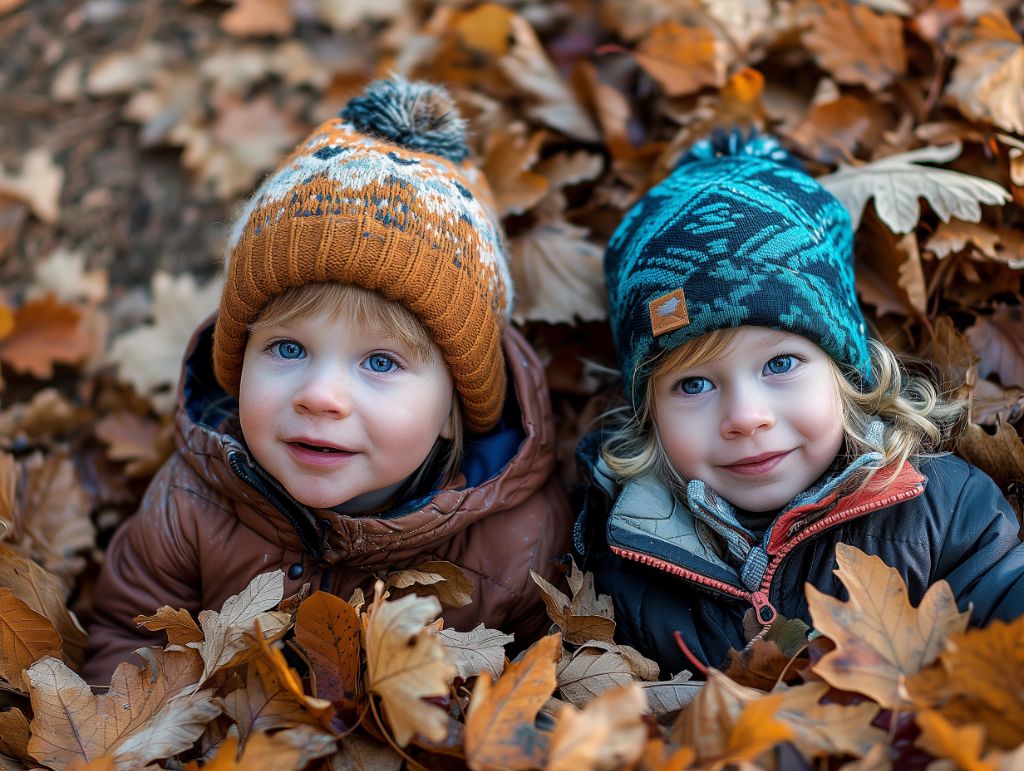 two kids in leaf pile, vibrant colors
