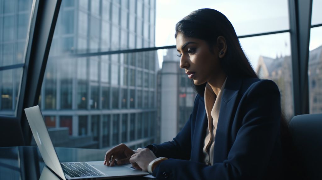 Focused woman at work with cityscape view