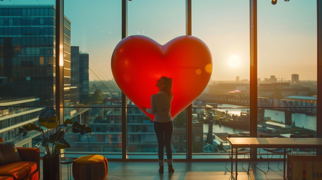 Person holding a large heart-shaped balloon in a room with cityscape