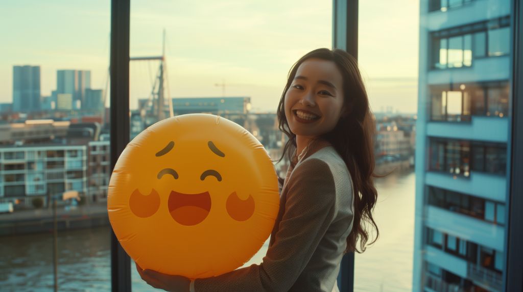 Woman holding a large emoji balloon by a window with city view
