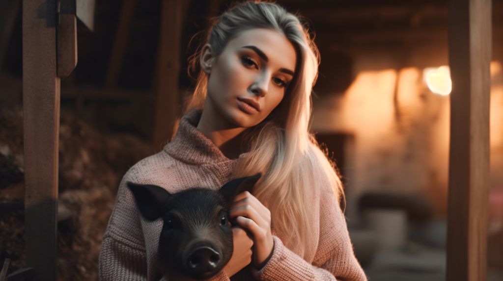 Fashionable model cuddling baby pig