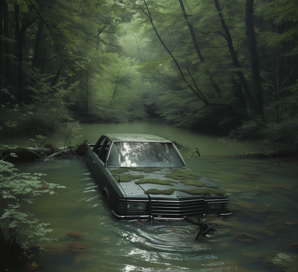 Abandoned car submerged in a forest creek, surrounded by lush greenery