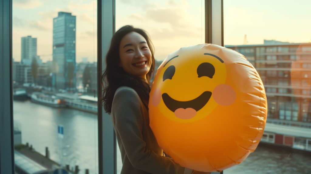 Woman holding a large smiley face balloon by a window with city view