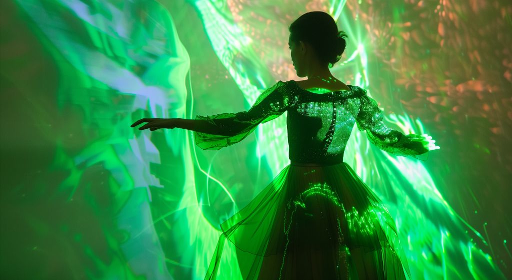 Dancer in green light with a reflective backdrop