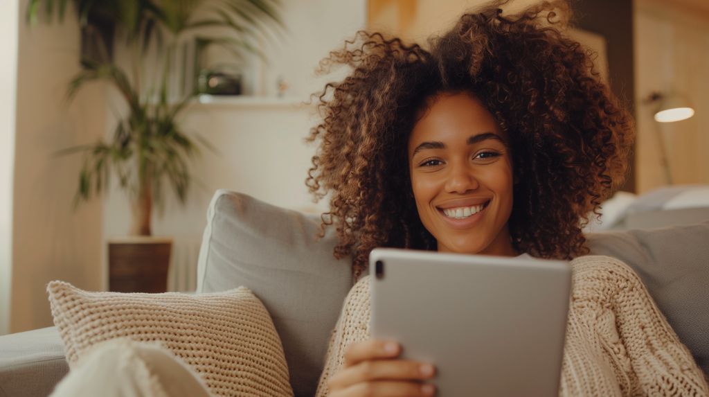 Smiling woman with curly hair using a tablet on a cozy sofa