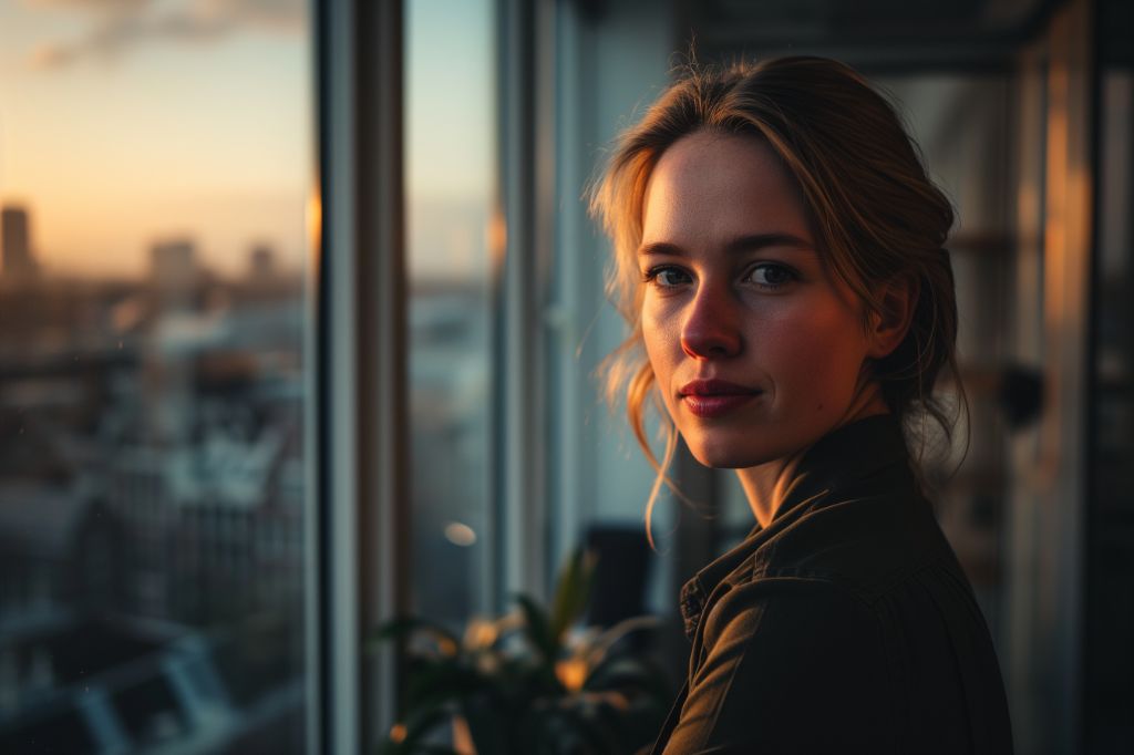 Woman gazing out a window at sunset in an urban setting