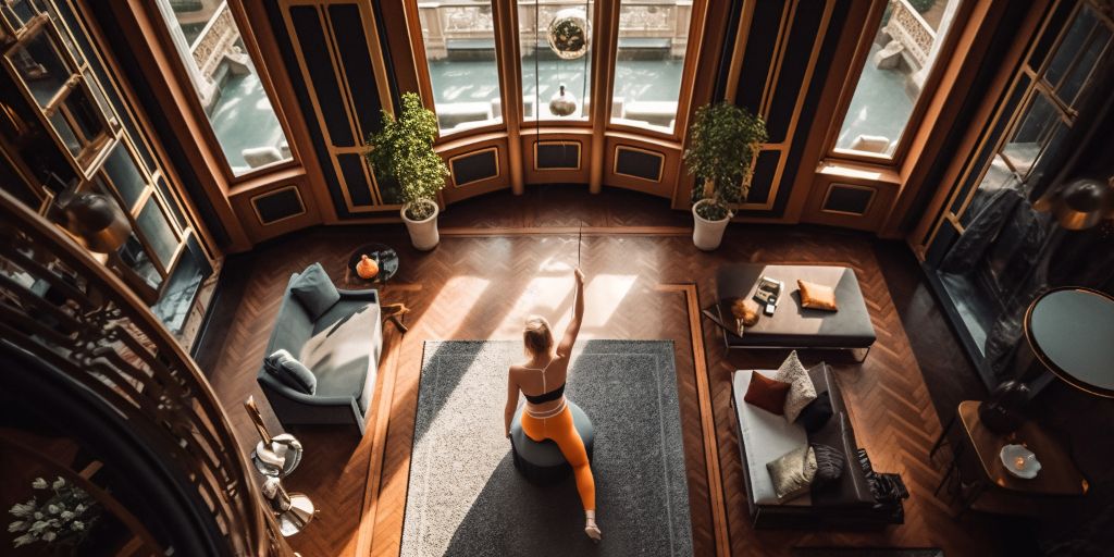 Woman practicing yoga in opulent dutch living room
