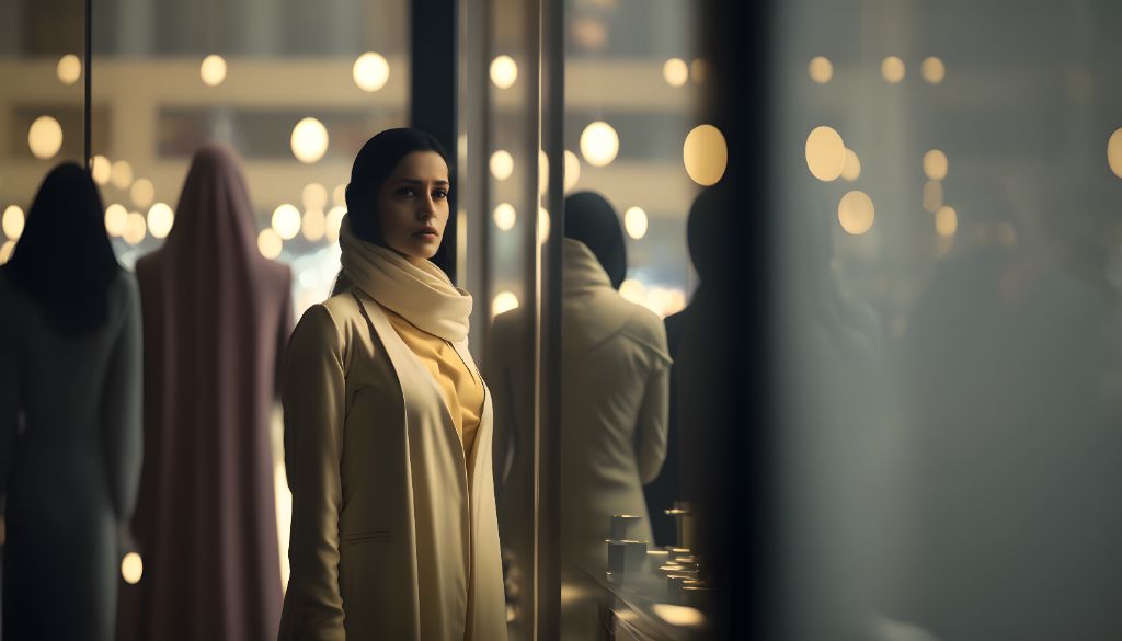 Sparkling Evening: High-Resolution Image of a Stylish Middle Eastern Woman Shopping at a Boutique