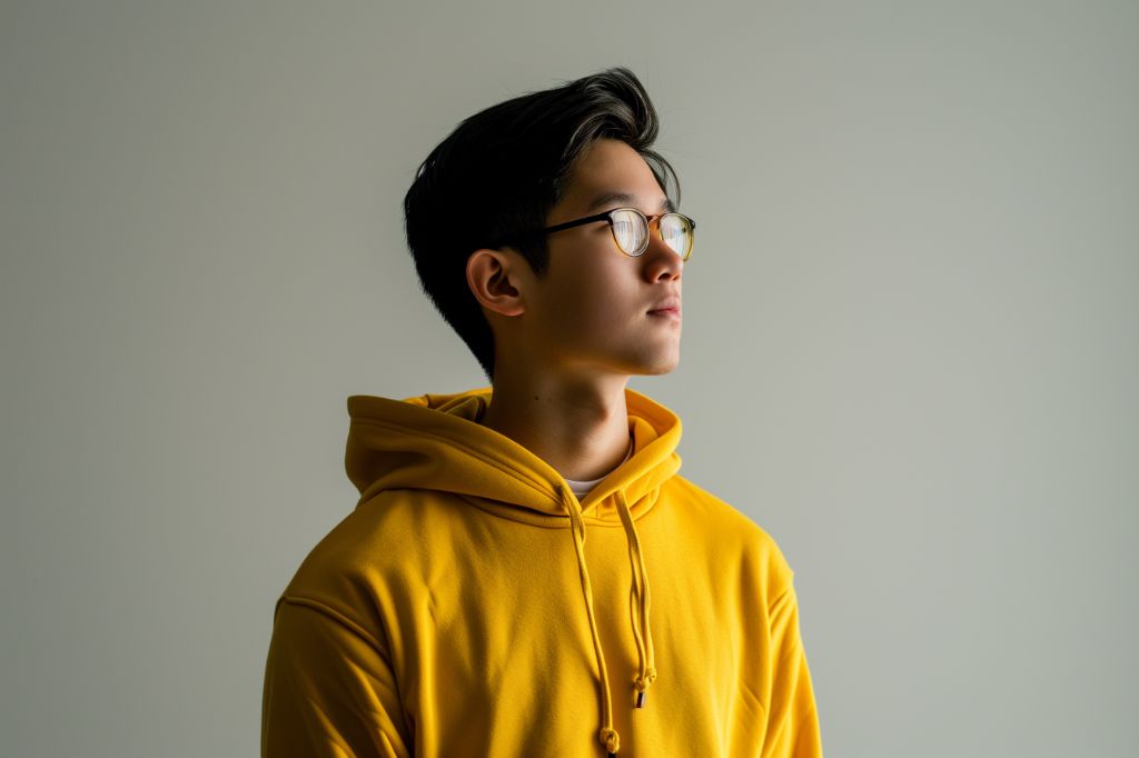 Young person in yellow hoodie looking to the side thoughtfully