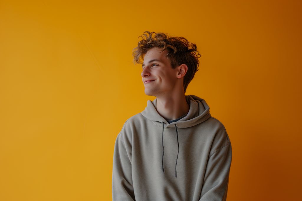 Smiling young person in hoodie against orange background