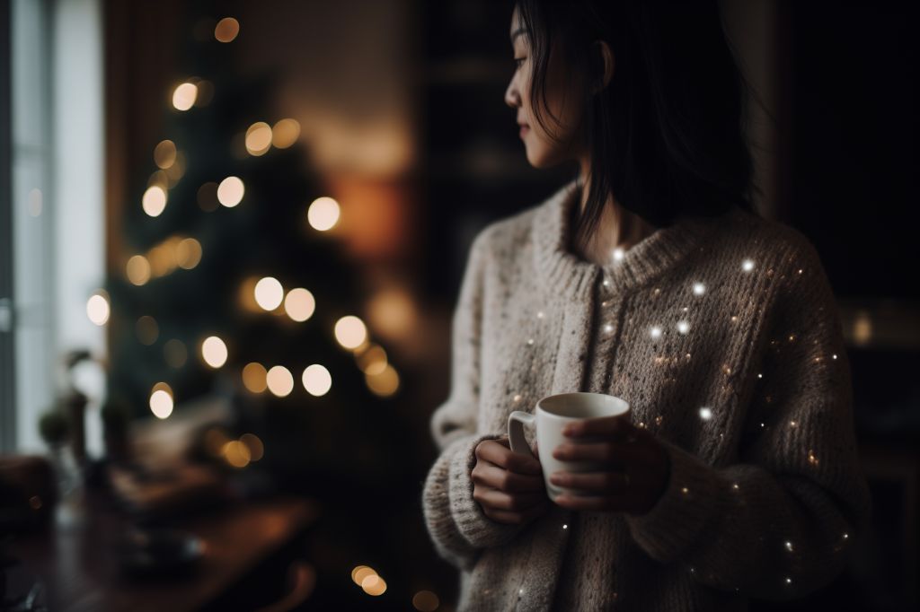 Cozy in christmas sweater enjoying a warm drink