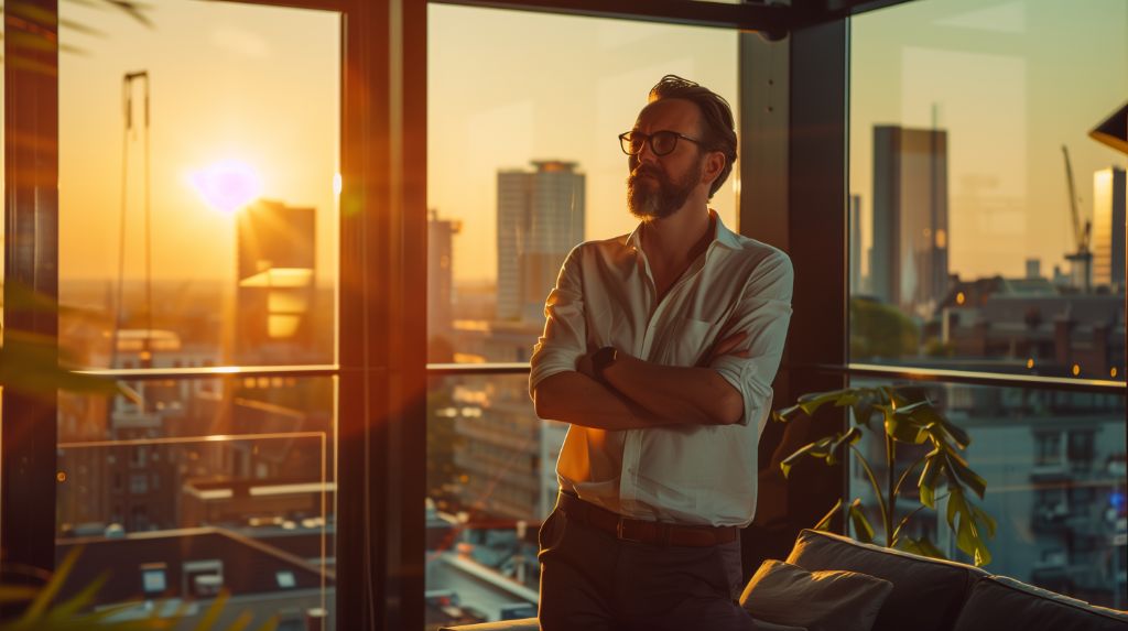 Man in contemplation looking at city sunset from high-rise