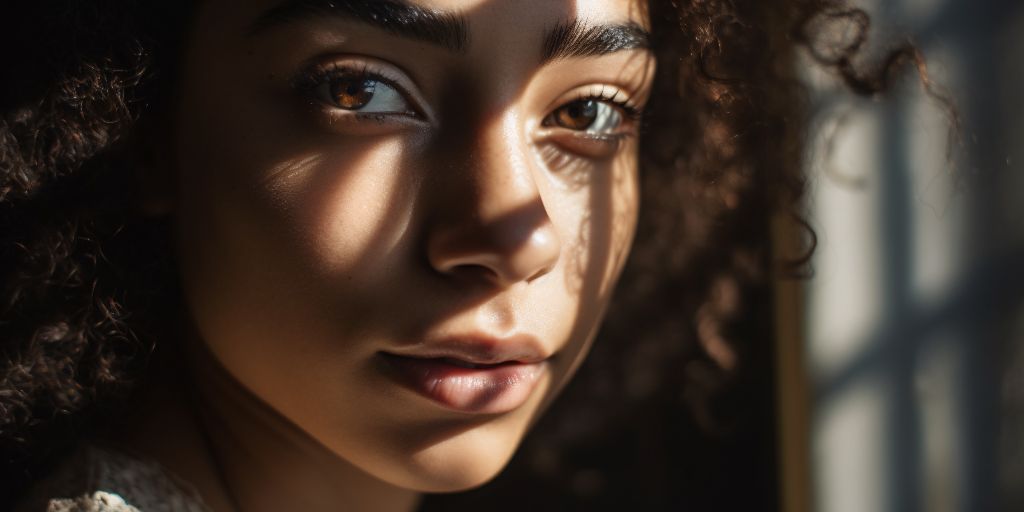 close-up of woman's face in soft filtered light