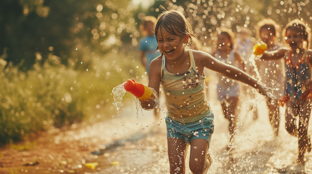 Children playing with water guns on a sunny day