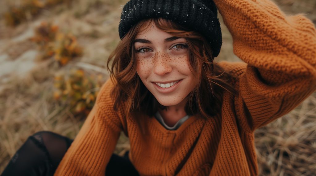 Smiling young woman in a beanie and sweater outdoors
